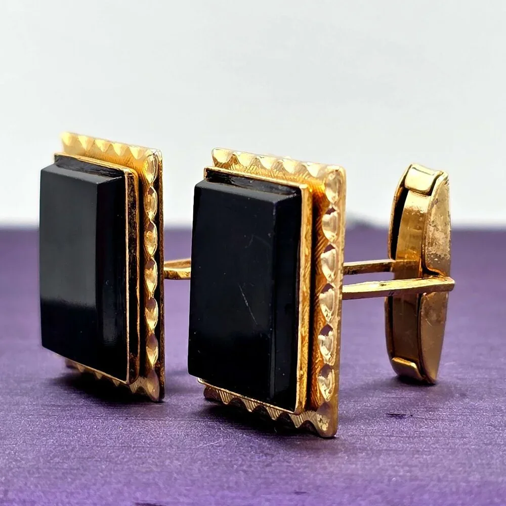 VTG Gold Finish Postage Stamp Rectangle Black  MCM Mid Century Modern Cuff Links